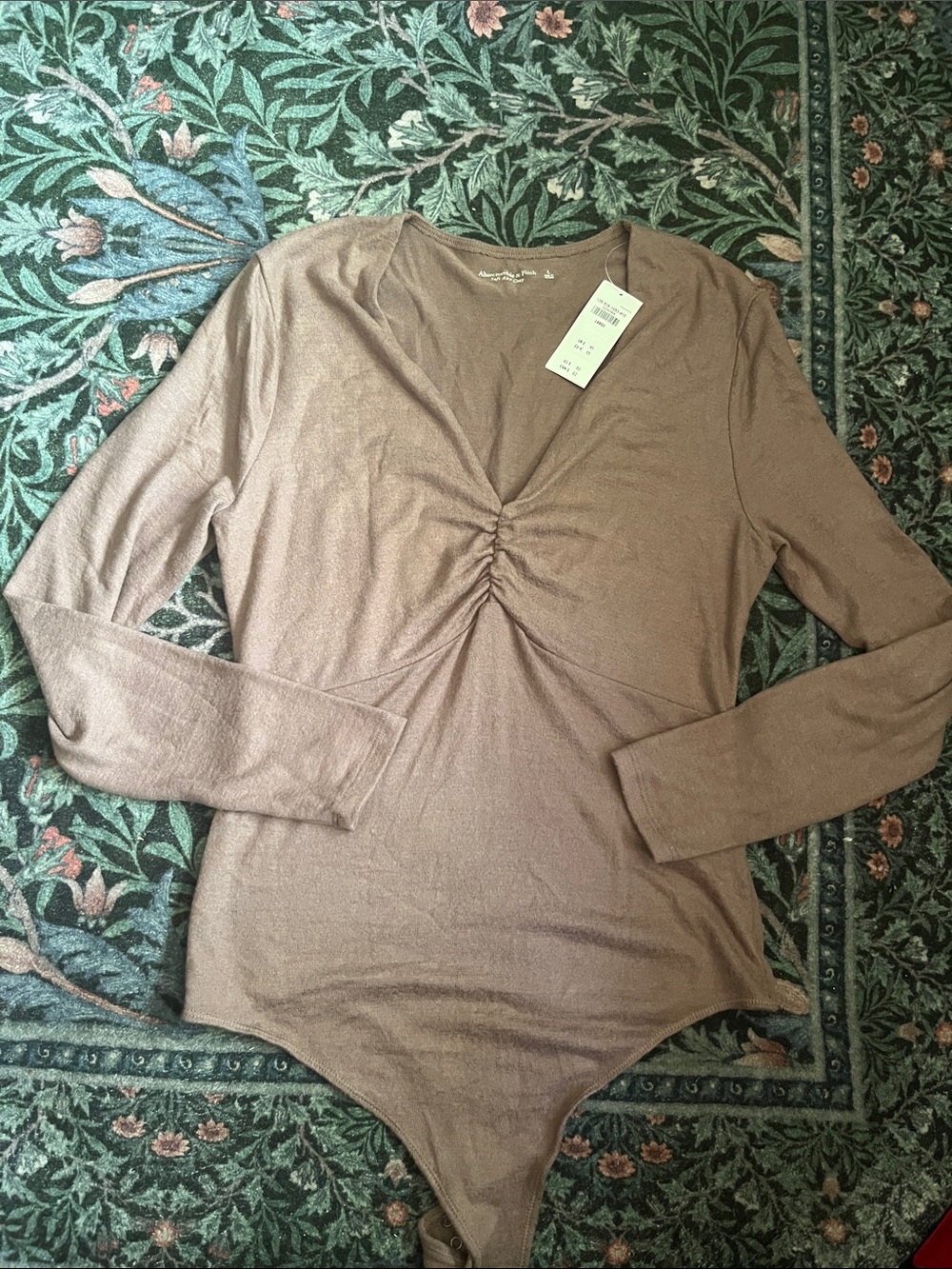 Abercrombie & Fitch Brown Long-Sleeve Ruched V-Neck Bodysuit